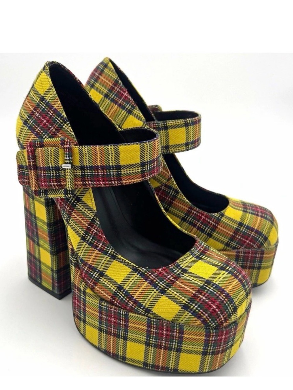 Bamboo Yellow Plaid Platform Mary Jane Chunky Block Heel Tartan Plaid Retro 90s